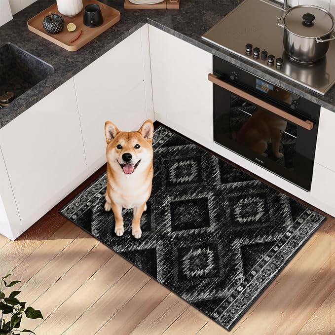 BESTSWEETIE Area Rug 2x3 Rug Machine Washable Non-Slip Low Pile Print Pattern Western Rug for Living Room Bedroom Entryway Tribal Series-Black