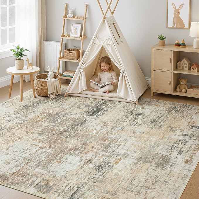 Rugflix 8x10 Area Rugs for Living Room, Washable Large Rug Stain-Resistant Low Pile, Modern Neutral Carpet for Dining Room Home Office Kid Room Nursery Bedroom, Brown Black Beige