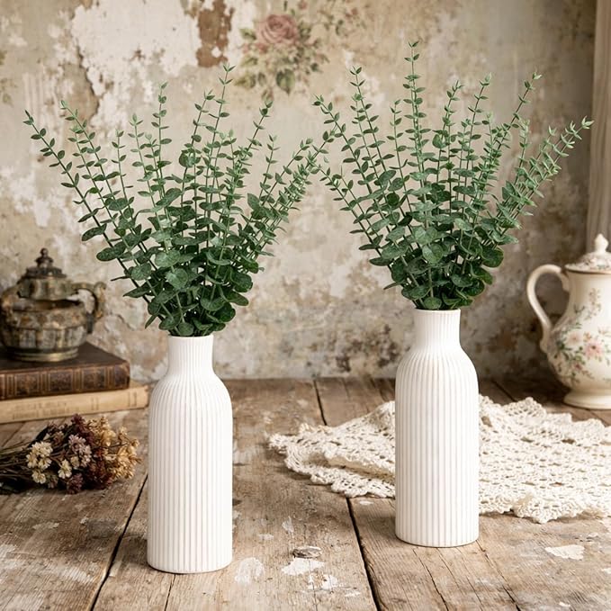 LemonRoad 2 Pack Artificial Eucalyptus Stem in Ceramic Vase 19" Fake Greenery Plants for Home Decor 40 Pcs Modern Indoor Fake Eucalyptus Stem for Table Centerpiece Living Room Bathroom