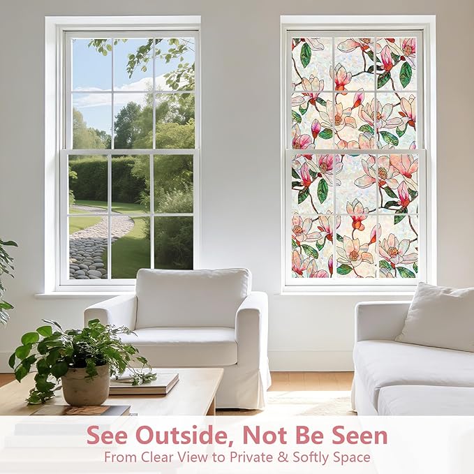 Kromapolis Window Privacy Film, Stained Glass Sticker Floral Window Clings, Decorative Static Clings UV Blocking Colorful Decals, Removable Vinyl Covering Rainbow Magnolia Flowers, 45.2'' x 157.4''