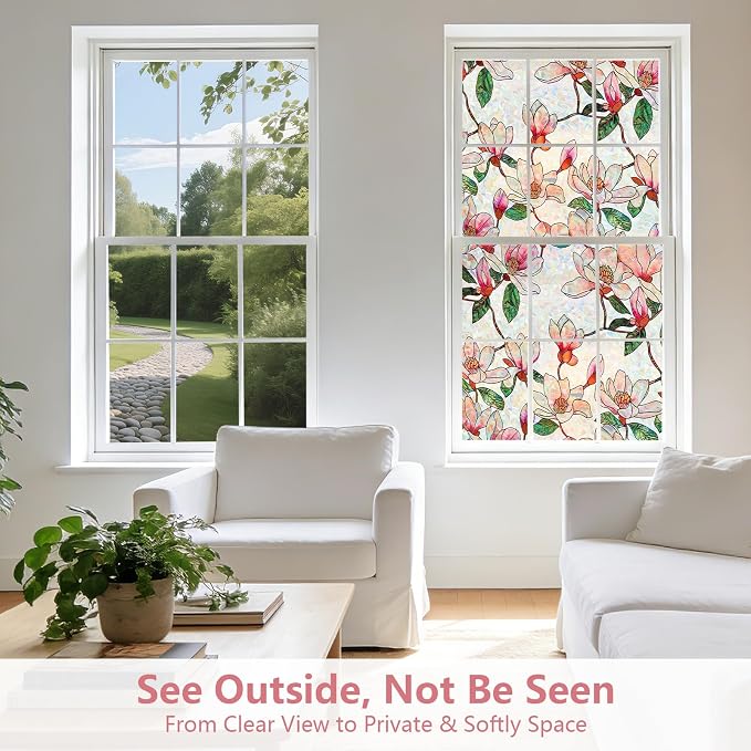 Kromapolis Window Privacy Film, Stained Glass Sticker Floral Window Clings, Decorative Static Clings UV Blocking Colorful Decals, Removable Vinyl Covering Rainbow Magnolia Flowers, 11.8'' x 78.7''