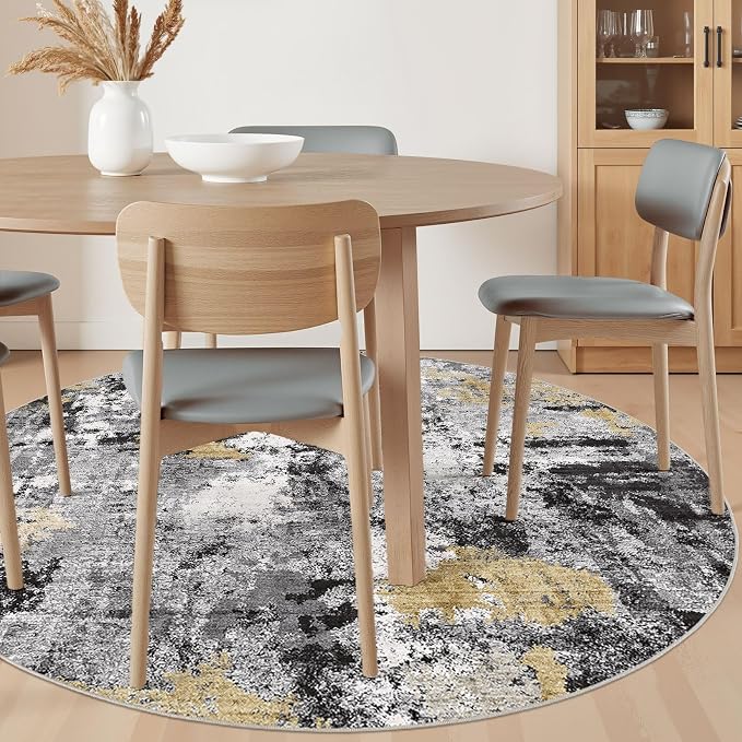 Abstract 6FT Round Rug: Machine Washable Non Slip Ultra Thin Low-Pile Carpet, Soft Stain Resistant for Living Room Bedroom Nursery, Kid Pet Friendly, Robot Vacuum Compatible - Black Gold
