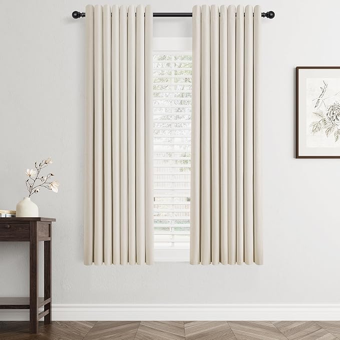 Jowels Beige Linen Blackout Curtains 58 Length 2 Panels Set for Living Room Bedroom, 100% Black Out Thermal Insulated Linen Drapes, Room Darkening Grommet Curtains 58 Inches Long