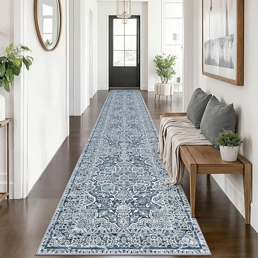 KUTA Vintage Washable Runner Rug 2.6x14, Non-Slip Hallway Kitchen Runners Blue White with Rubber Backing, Ultra Soft Printed Distressed Medallion Extra Long 14ft Carpet Rugs Indoor for Stairs