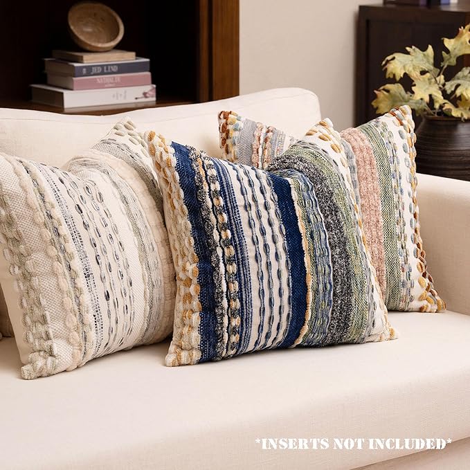 Boho Chenille Tufted Throw Pillow Covers 18x18 Inch Set of 2 Farmhouse Mixed Blue Woven Striped Decorative Pillowcases for Couch Sofa Bed