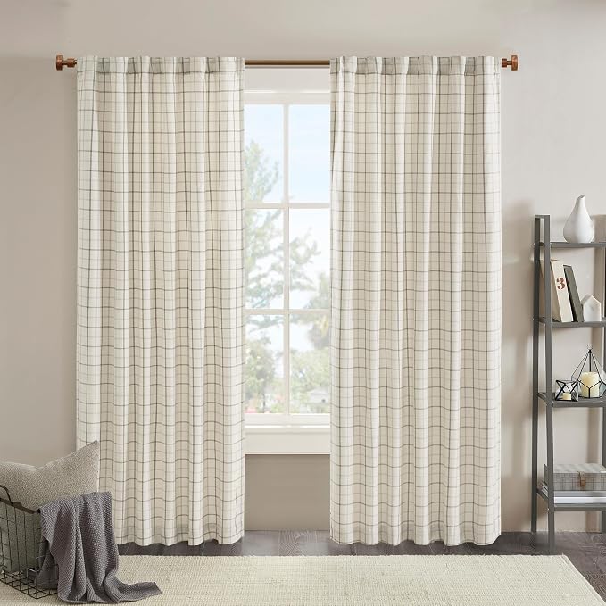 Madison Park Anaheim Cabin Plaid Curtain Window, Thermal Insulated Fleece Lining, Living Room Decor Room Darkening Drape for Bedroom, 1-Single Panel Pack, 50x84, Rod Pocket & Back Tab, Natural