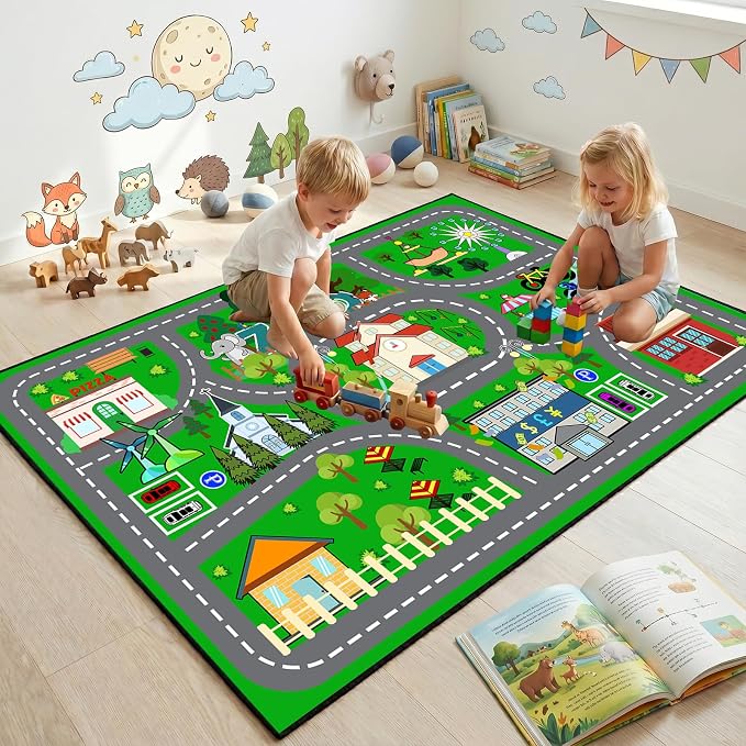 Car Rug Play Mat - Green Road Rug for Kids Boys Room, Fun Race Track Traffic Road Carpet for Boys Playmat Educational Learn, Car Carpet for Kids Room Decor Playmat Bedroom Playroom, 2.5x4 Feet