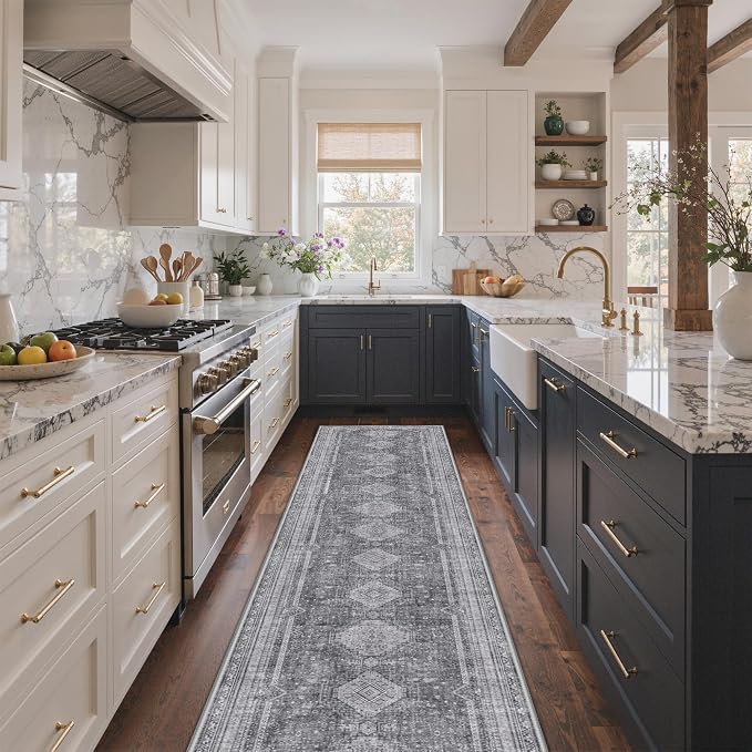GENIMO Runner Rug 2.6x8 Non Slip Machine Washable Hallway Runner Rug, Low Pile Lightweight Rugs for Entryway, Hallway, Kitchen and Corridor, Vintage Grey