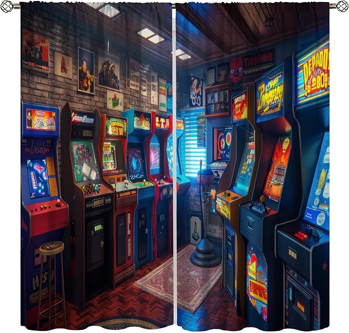 90s Arcade Blackout Curtains Glow in The Dark Cartoon Game Room Illustration Retro Pixel Design Window Treatments for Gaming Room Retro Game Cave Themed Cafe Kids Room 63" W X 72" L