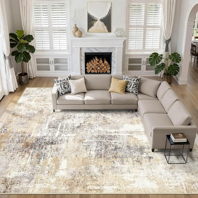 Large Area Rugs 12x15: Washable Abstract Modern Soft Rug Stain Resistant Indoor Floor Non Slip Accent Carpet for Living Room Bedroom Nursery Playroom Dining Room Office Dorm Home House- Grey Gold