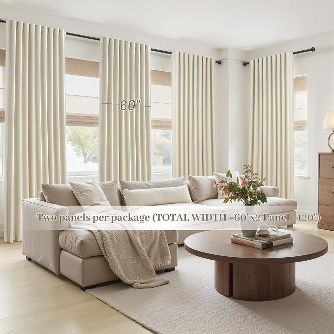 Cute Blackout Curtains 60 Inches Extra Wide Linen 84 Inch Length for Living Room/Sliding Glass Door,Pleated Heavy Duty Thermal Drapes for Winter Thick Large Window(60"Wx84"L 2 Panels Warm Cream)