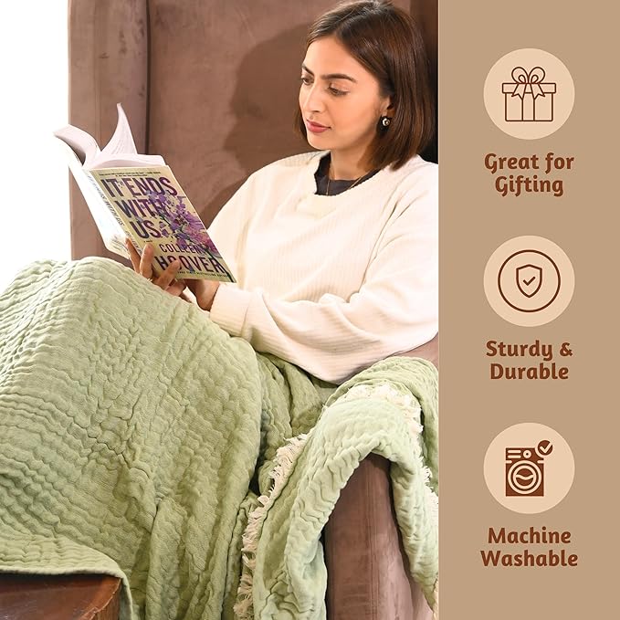Folkulture 100% Cotton Boho Throw Blanket, 50" X 60", Green and Sage Green