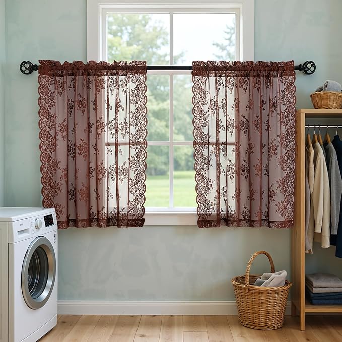Kotile Warm Brown Sheer Kitchen Curtains 45 Inch Length 2 Panels W42 x L45 in, Dark Brown Vintage Floral Short Lace Curtains for Small Windows, Rod Pocket Privacy Light Filtering Cottage Cafe Curtain