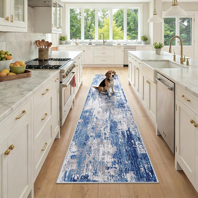 RELEANY Washable Area Rugs 2x9 Non-Slip Modern Abstract Soft for Living Room Entryway Bedroom Kitchen, Print Pattern, Blue Grey Navy Gray