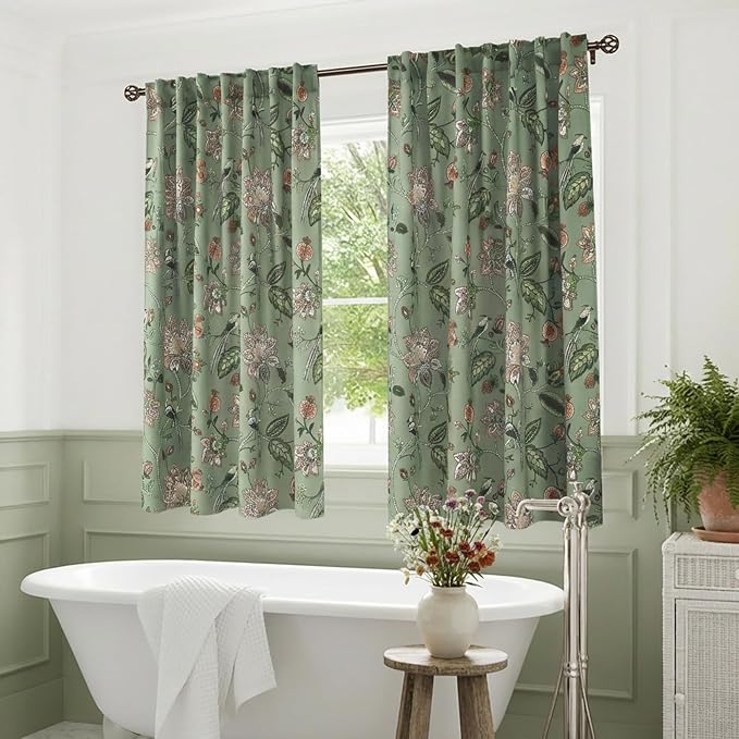 Lino Rosa Short Floral Patterned Blackout Curtains for Bedroom, Decorative Black Out Window Treatments for Bathroom & Kitchen & Small Window, 54 Inch Long, 2 Panels Set, Sage Green