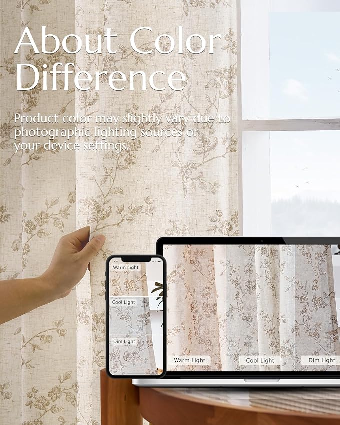 jinchan Taupe Floral Linen Curtains 96 Inch Farmhouse Back Tab 2 Panels | Flower patterned drapes, french country, light filtering, semi sheer, printed, bedroom, living room, office, window treatment