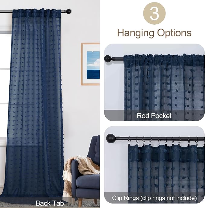 Navy Blue Curtains 90 Inches Long for Living Room Bedroom Cute Pom Pom Farmhouse Boho Drapes Semi Sheer Nursery Kids Room Classroom Back Tab 2 Panels Indigo Royal Dark Blue Curtains 90 Inch Length