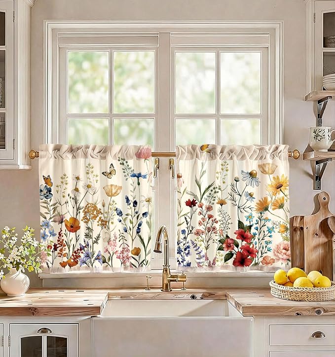 Miss Adola Floral Kitchen Tier Curtains - 24 Inch Length Linen Blend Farmhouse Cafe Curtains Vintage Small Window Treatments Over Sink Rod Pocket for Bathroom Living Room Light Filtering, 2 Panels