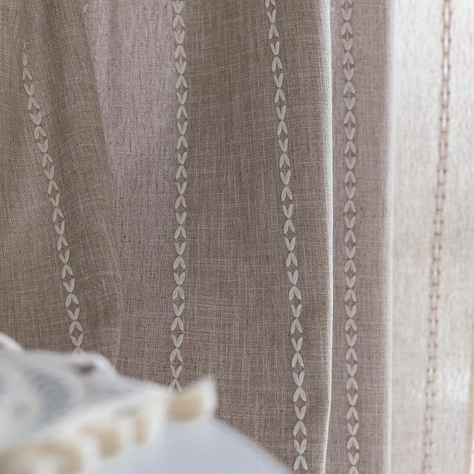 RoomTalks Tan Rustic Farmhouse Linen Kitchen Curtains 45 Inch Length Country Cottage Vintage Chic Tassel Short Cafe Curtains for Small Windows