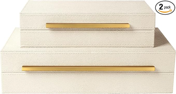 Sagala Set of 2 Beige Shagreen Decorative Boxes With Gold Metal Handles, Faux Leather Jewelry Boxes Modern Storage Boxes Photo Boxes Memory Boxes Home Organizer (Beige-Gold Handle)