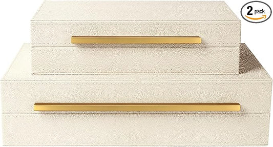 Sagala Set of 2 Beige Shagreen Decorative Boxes With Gold Metal Handles, Faux Leather Jewelry Boxes Modern Storage Boxes Photo Boxes Memory Boxes Home Organizer (Beige-Gold Handle)