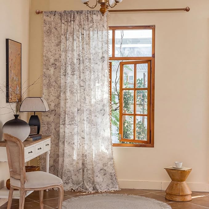 OYX Boho Floral Curtains 84 Inch, Linen Farmhouse Flower Drapes with Lace & Tassels, Light Filtering Semi Sheer Curtains for Living Room Bedroom, 2 Panels