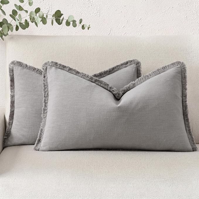 decorUhome Linen Fringe Lumbar Throw Pillow Covers Set of 2 Decorative Light Grey Pillow Covers with Tassels Soft Accent Boho Farmhouse Pillow Cases for Couch Bed Sofa 12x20 Inch
