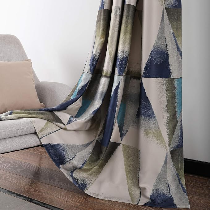 Leeva Heavy Curtains and Drapes for Patio and Office, Grommet Top Vintage Blue Geometric Print Windows Treatment Room Darkening Curtain for Bedroom, 2 Panels, 52x63