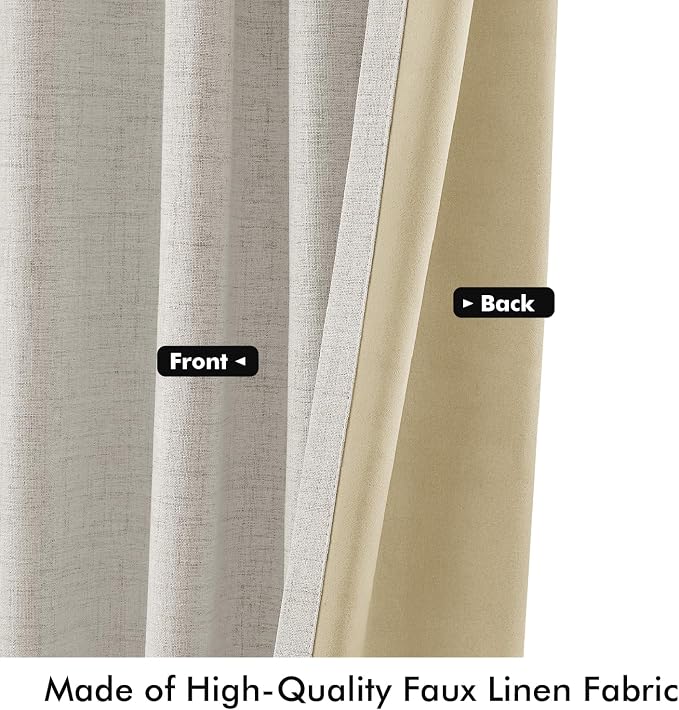 MIULEE 100% Blackout Linen Curtains for Bedroom, Cream White Solid Luxury Decor Thermal Insulation Room Darkening Drapes for Living Room Back Tab Rod Pocket 42 x 84 Inches, 2 Panels
