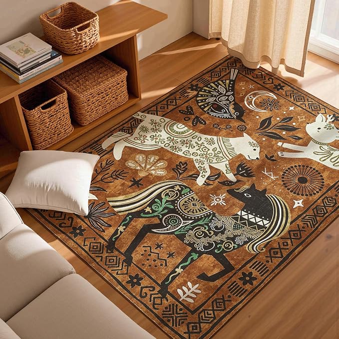 jinchan 5x7 Cute Area Rug Kids Washable Fun Rug Earthy Brown Starlit Boho Indoor Floor Cover Non Slip Lightweight Soft Cozy Animal Throw Carpet for Bedroom Nursery Daycare Living Room Dorm