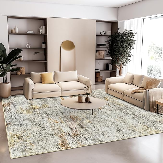 Soalmost 9x12 Area Rugs for Living Room, Non Slip Machine Washable Vintage Rugs, Low Pile Lightweight Large Rug for Bedroom, Dining Room, Home Office Gray Rust