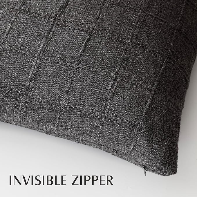 Foindtower Set of 2 Decorative Linen Check Throw Pillow Covers Neutral Farmhouse Vintage Cushion Covers Modern Boho Home Decor for Sofa Chair Couch Bedroom Living Room,18×18 Inch,Charcoal
