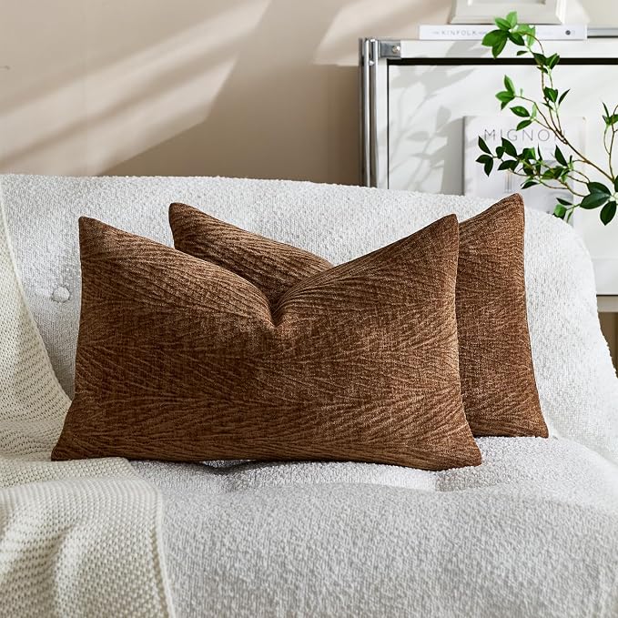 Summer Pillow Covers 12x20 Inch Set of 2, Soft Decorative Throw Pillow Covers with Leaves Texture, Hidden Zipper for Home Sofa Bed Couch (Dark Brown, 12" x 20" (Pack of 2))