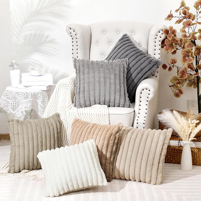 Mixweer 6 Pcs Neutral Faux Fur Plush Throw Pillow Covers 18x18 Inch Soft Fluffy Decorative Striped Pillow Covers with Velvet Back for Sofa Bed Cushion, Boho Rustic Farmhouse Modern Home Decor