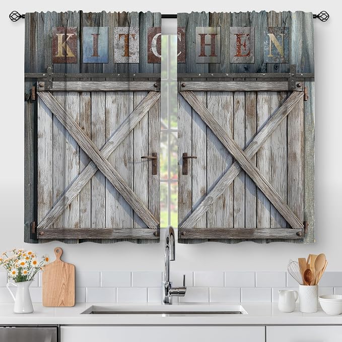 Aimego Wood Farmhouse Kitchen Curtains - Country Vintage Wooden Barn Door Small Short Tier Window Curtains for Living Dining Room Decor Rod Pocket Window Drapes 36 Inch Length Set 28"x36"