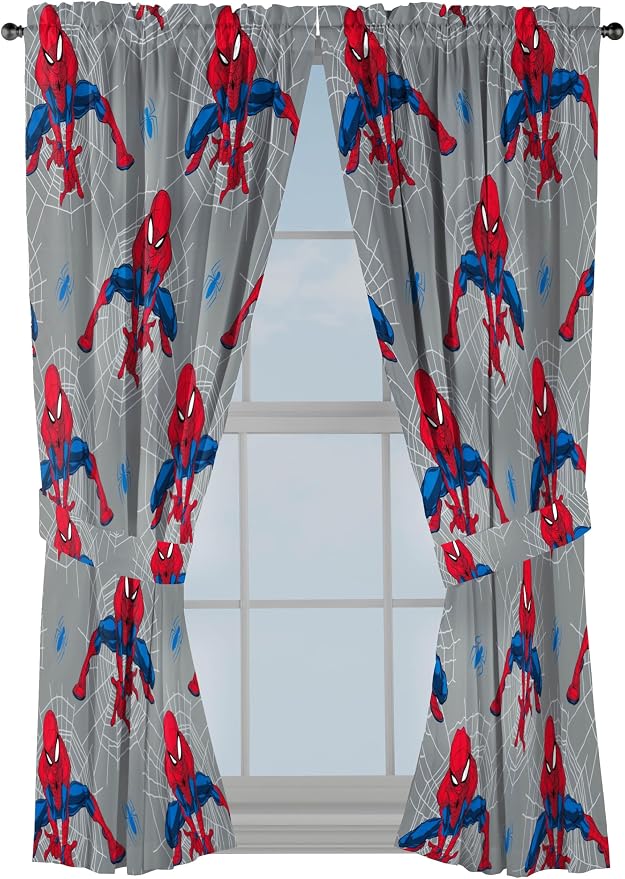 Jay Franco Window Curtains for Kids Bedroom 4-Piece Drape Set with 2 Tiebacks, Grey - Spiderman, 42" W x 63" L (Pack of 2)