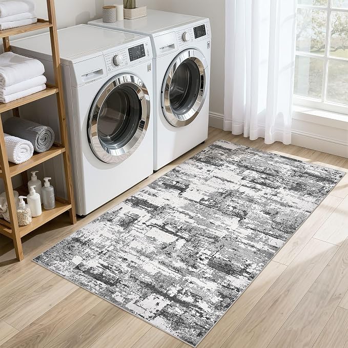 Hallway Washable Runner Rug: 3x5 Abstract Modern Soft Stain Resistant Non-Slip Backing Runner for for Entryway Kitchen Laundry Living Bathroom - Black Grey