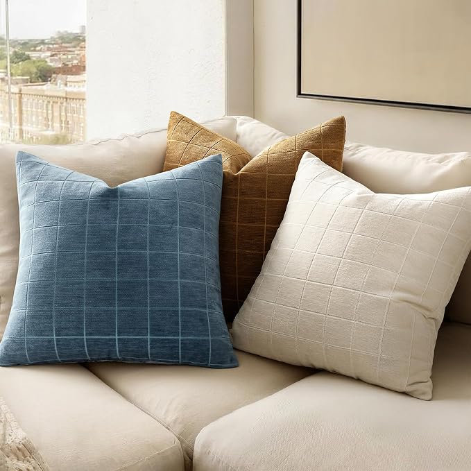 MIULEE Blue Plaid Decorative Throw Pillow Covers 20x20 Set of 2 | Vintage Check Chenille Couch Pillows Neutral Boho Farmhouse Cushion Covers Modern Home Decor for Sofa Bed Living Room