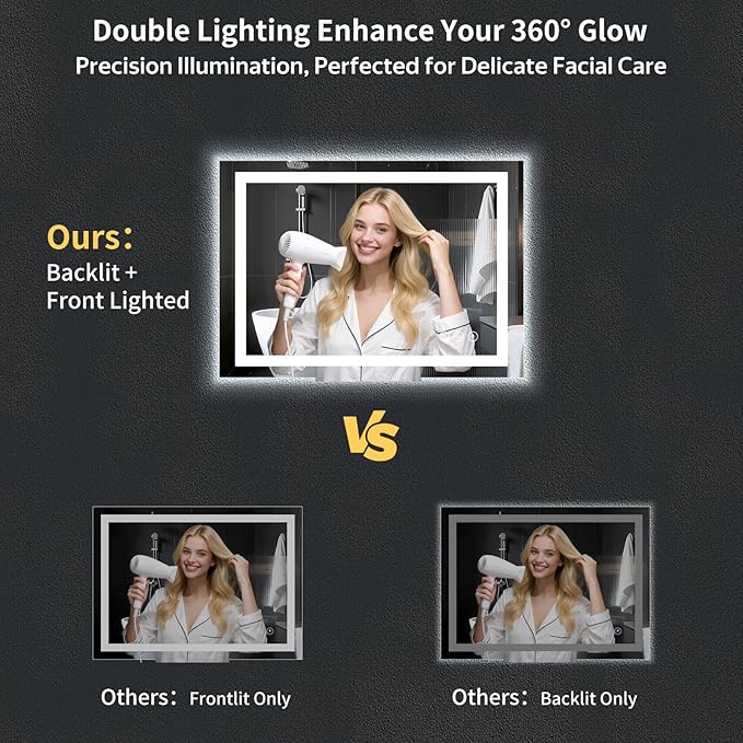 42"x24" LED Bathroom Mirror with Lights for Vanity, Anti-Fog & Dimmable 3-Color, Stepless Brightness Adjustable Wall Mounted Mirror for Bathroom Makeup Shaving
