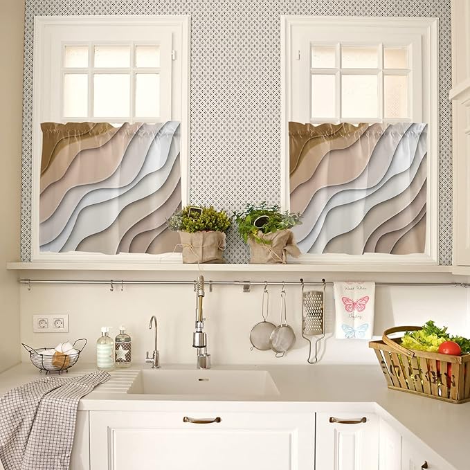 T&H XHome 24 Inch Long Tier Curtains for Kitchen, Modern Abstract Geometric Beige Gradient Bathroom Window Curtains Rod Pocket Short Curtains Window Treatment Tiers for Living Room Farmhouse 2 Panels