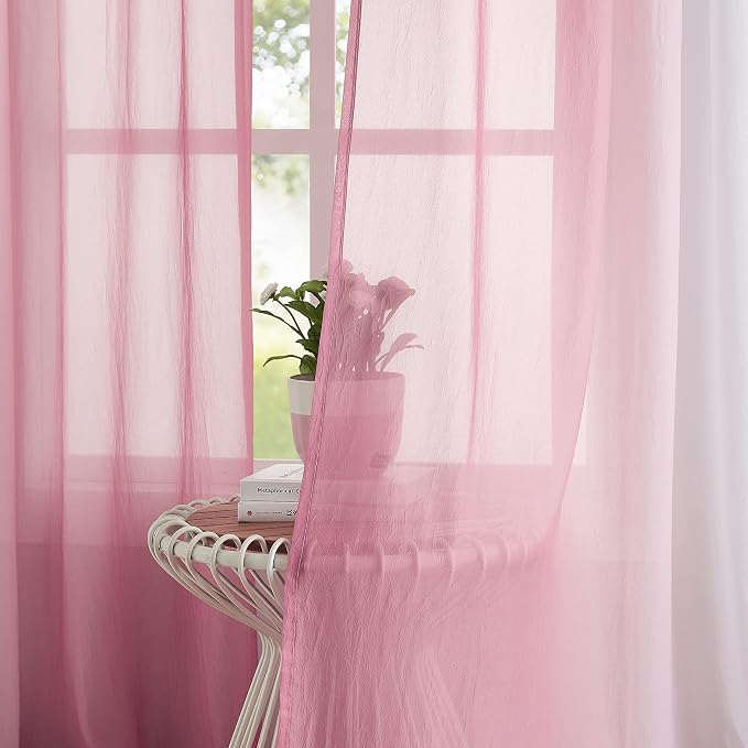 Purainbow Pink Ombre Chiffon Sheer Curtains 84 Inch Long for Living Room Bedroom Decor, Crinkle Gradient Semi Voile Grommet Top Window Curtain Drapes for Girls Room, Garden, Yard, Set of 2 Panels