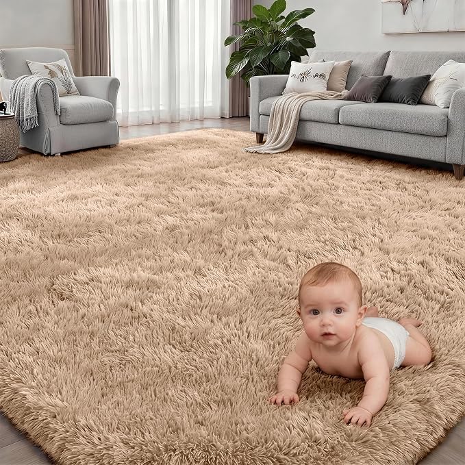 6x9 Area Rugs for Living Room Bedroom: Ultra Soft Fluffy Shag Rug Upgrade Non-Slip Non-Shedding Large Fuzzy Plush Carpet Indoor Floor Carpets for Kids Room Playroom Nursery Dorms Home Decor Beige