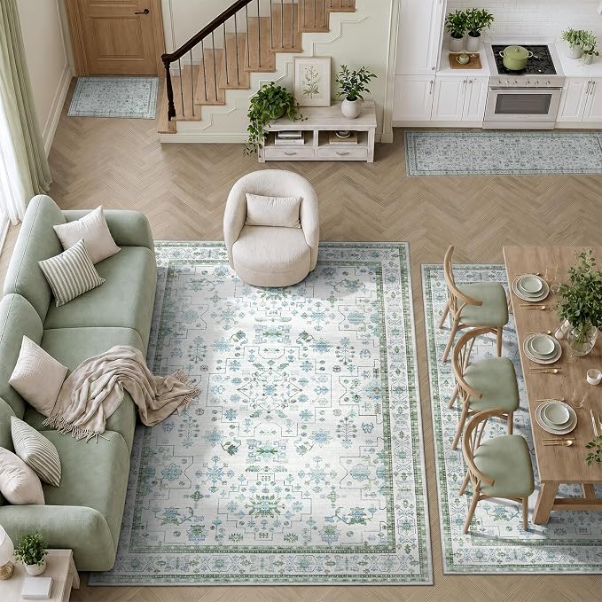 DCX Green 9x12 Rug, Kid & Pet Friendly with Rubber Back Non Slip, Machine Washable Stain Resistant Vintage Boho Floral Rug for Living Room, Bedroom, Soft Low Pile Large Nursery Carpet