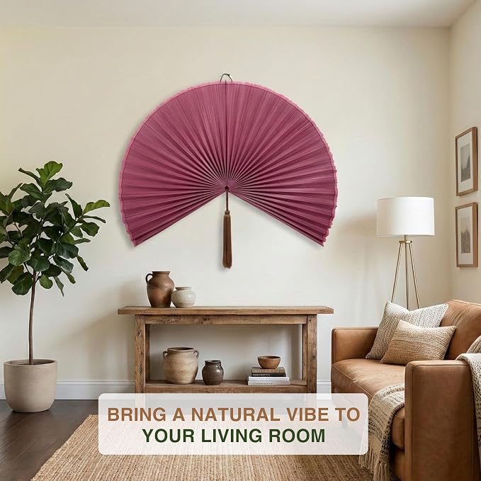 SUCHUBU Decorative Pink Wall Fan, 47" Handcrafted Asian Wall Decor, Large Japanese Art Hanging, Pastel Boho Chic Decor, Elegant Bamboo Weaving for Living Room (Pink, Large)