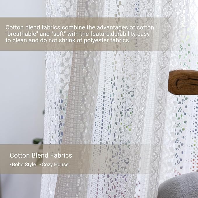 WAZZIO Boho Lace Curtains 84 Inches 2 Panel,Light Filtering Privacy Tassel & Geometry Crochet Semi Sheer Curtain Drapes for Bedroom Living Dining Room,Rod Pocket & Tassel,Victorian Decor,Off White