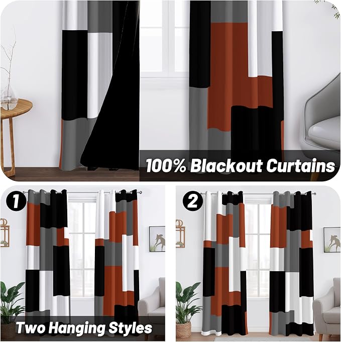 Tyrot Burnt Orange 100% Blackout Curtains for Bedroom 96 inch Length 2 Panels Set Rust Modern Abstract Geometric Black Out Curtains Insulated Room Darkening Window Drapes for Living Room, 52Wx96L