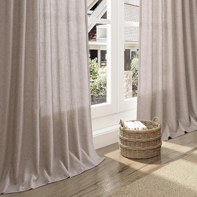Nanspring Brownish Grey Linen Curtains for Living Room 95 Inches Long Back Tab Light Filtering Semi Sheer Curtain Modern Farmhouse Decor for Bedroom Office Luxury Textured Drapes 52x95, 2 Panels