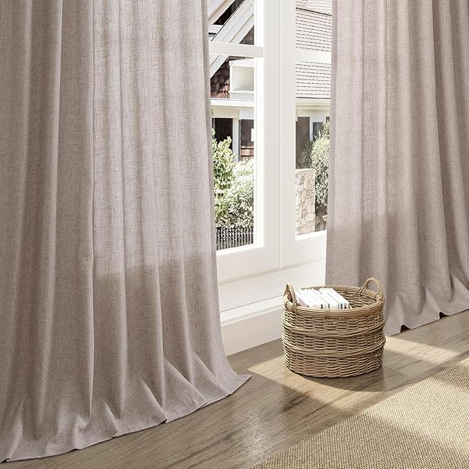 Nanspring Brownish Grey Linen Curtains for Living Room 80 Inch Length Back Tab Light Filtering Semi Sheer Curtain Modern Farmhouse Decor for Bedroom Office Luxury Textured Drapes 52x80, 2 Panels
