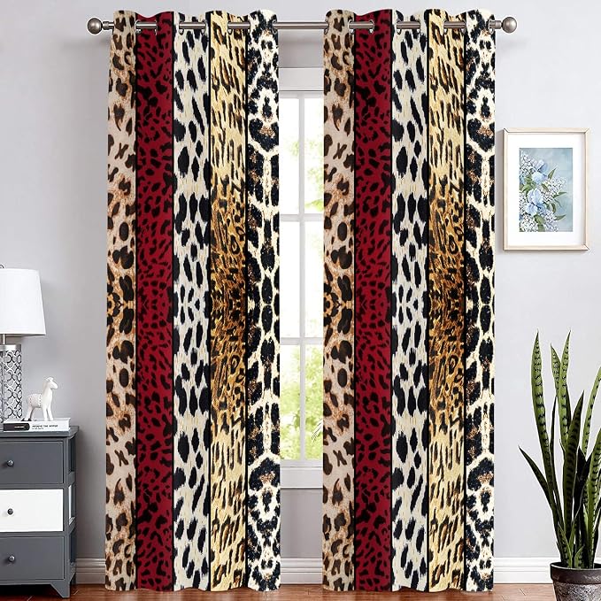 Wild Animal Print Curtain, Room Darkening Thermal Insulated Blackout Leopard Boa Window Drapes with Grommets for Living, Dining, Bedroom, Red Leopard Print, 42"x 90", 2 Panels
