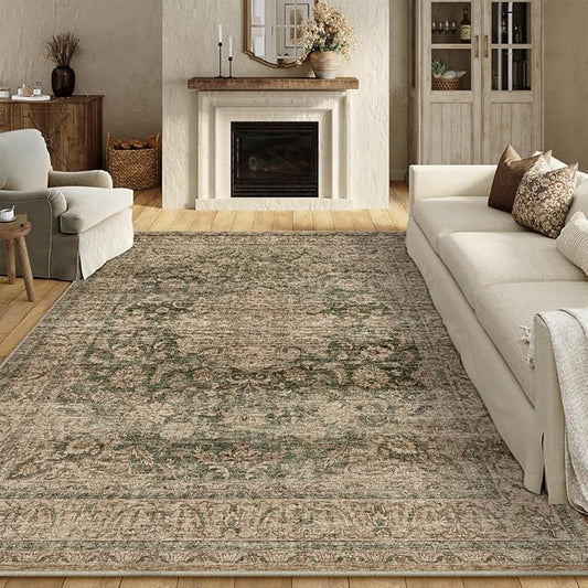 10x14 Washable Area Rug Green Brown Vintage Non Slip Soft Low Pile Rug for Living Room Bedroom Dining Room Office Distressed Oriental Indoor Large Throw Carpet for Home Decor